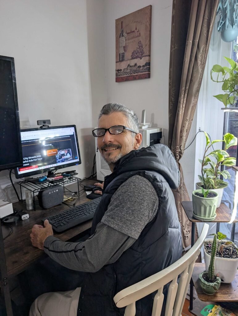 Creative design publicity in Montréal. IMAGE-LEDiu founder operating a mobile LED advertising vehicle in Montreal, promoting creative street marketing.